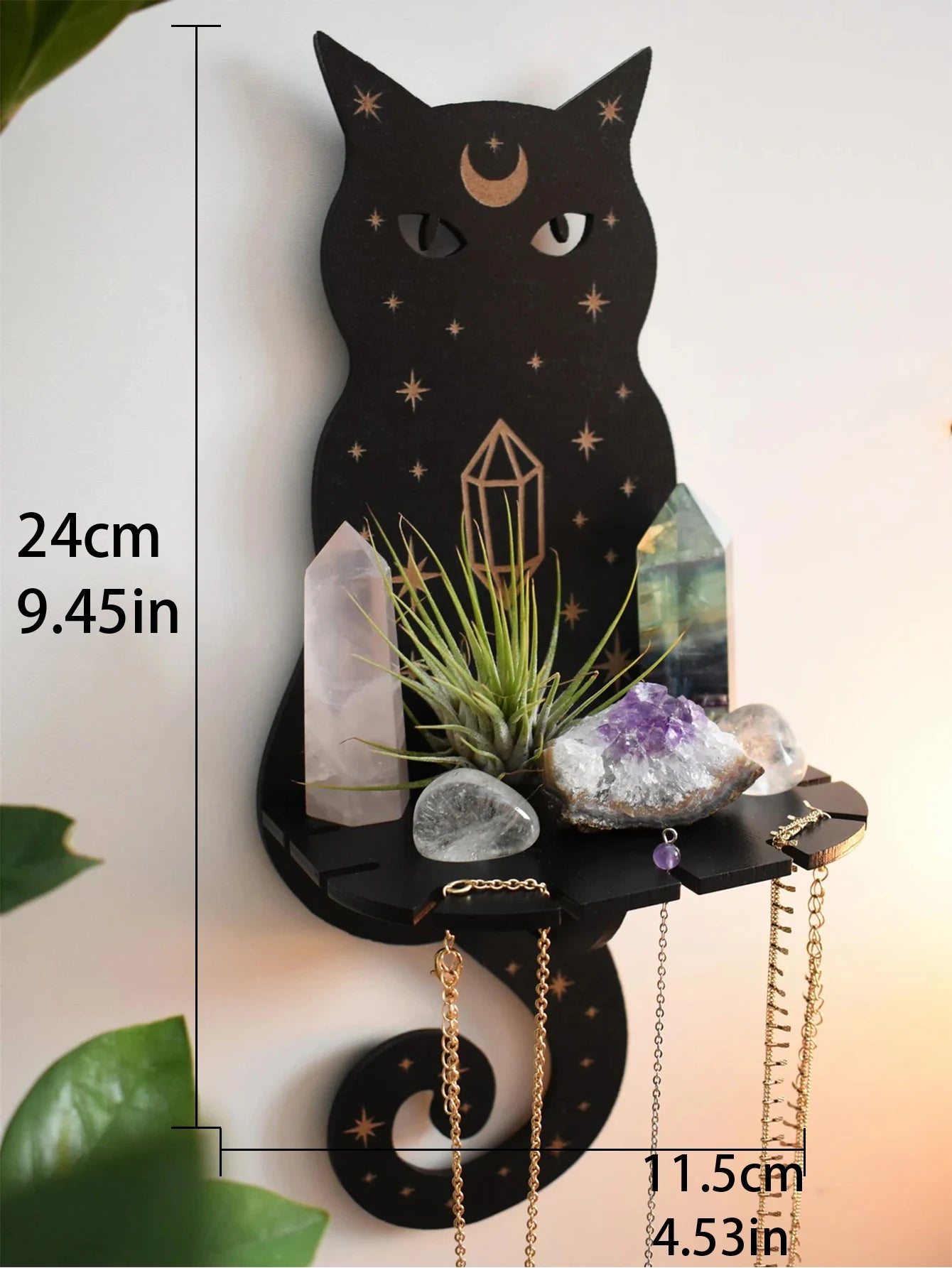 1/2/3-Tier Black Cat Wall Shelf Wooden Moon Phase Floating Wall Shelves Crystal Stone Display Stand Ledge Witchy Room Decoration