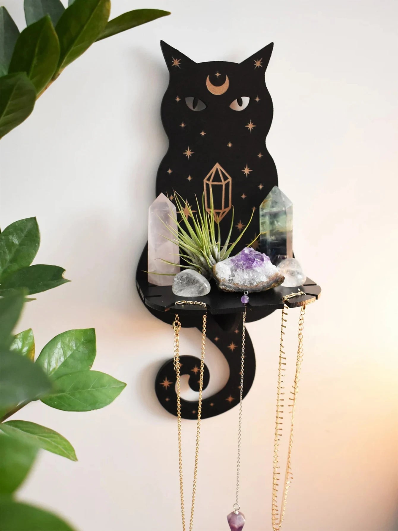 1/2/3-Tier Black Cat Wall Shelf Wooden Moon Phase Floating Wall Shelves Crystal Stone Display Stand Ledge Witchy Room Decoration