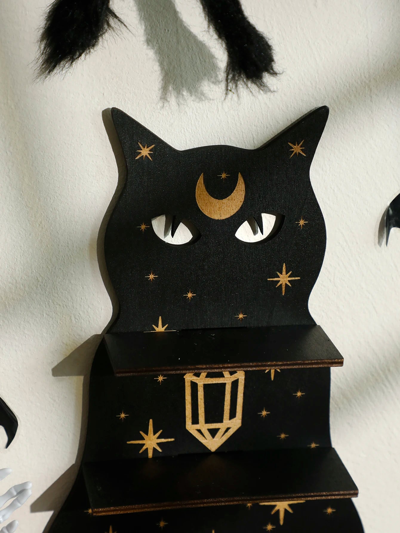 1/2/3-Tier Black Cat Wall Shelf Wooden Moon Phase Floating Wall Shelves Crystal Stone Display Stand Ledge Witchy Room Decoration