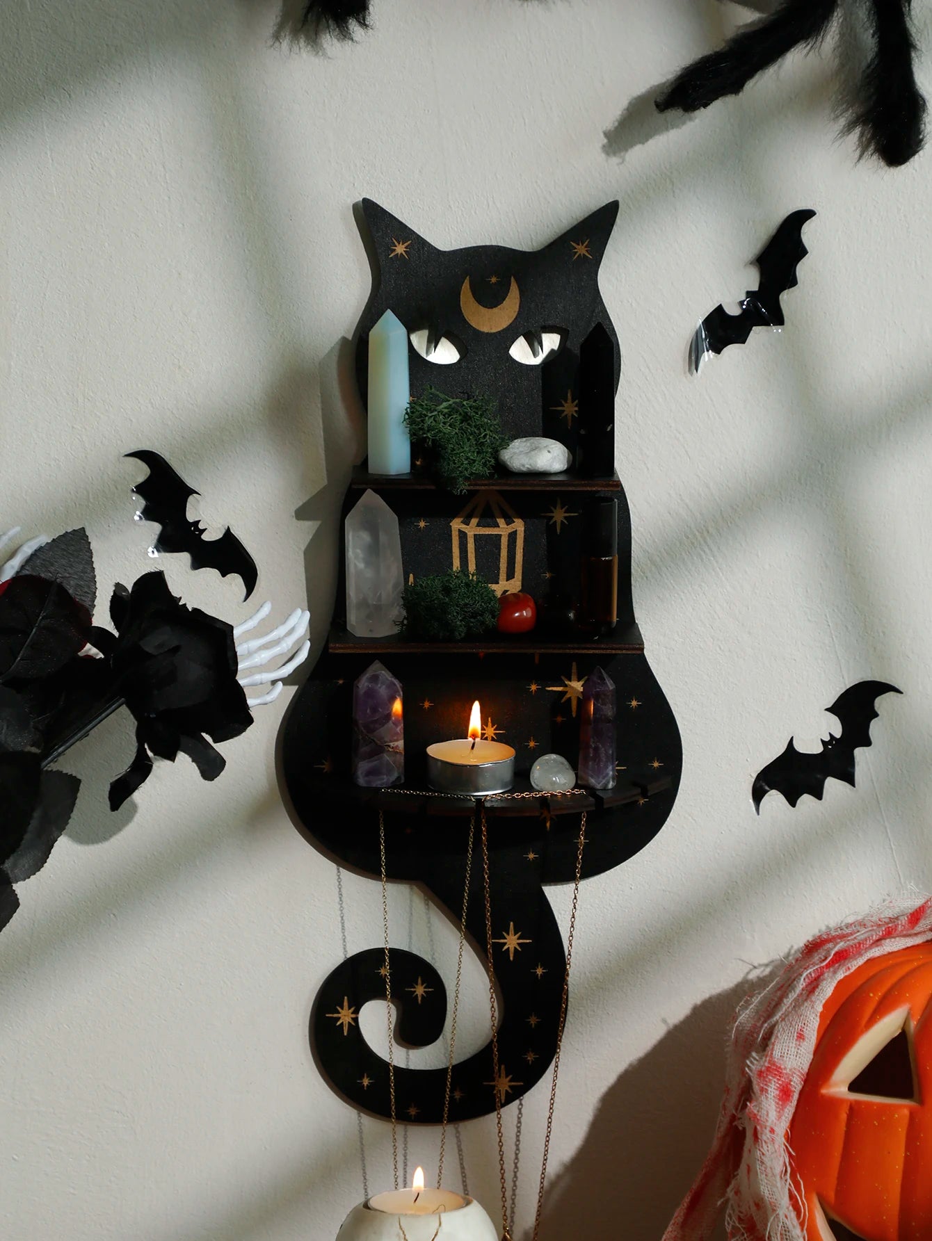 1/2/3-Tier Black Cat Wall Shelf Wooden Moon Phase Floating Wall Shelves Crystal Stone Display Stand Ledge Witchy Room Decoration