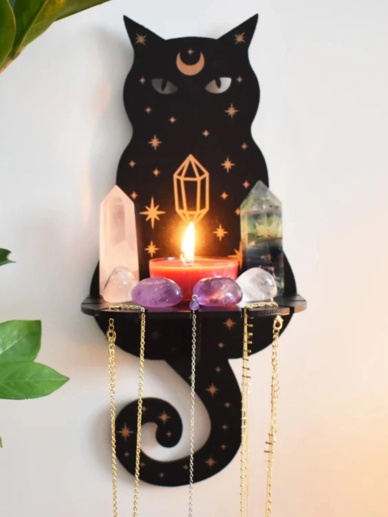 1/2/3-Tier Black Cat Wall Shelf Wooden Moon Phase Floating Wall Shelves Crystal Stone Display Stand Ledge Witchy Room Decoration