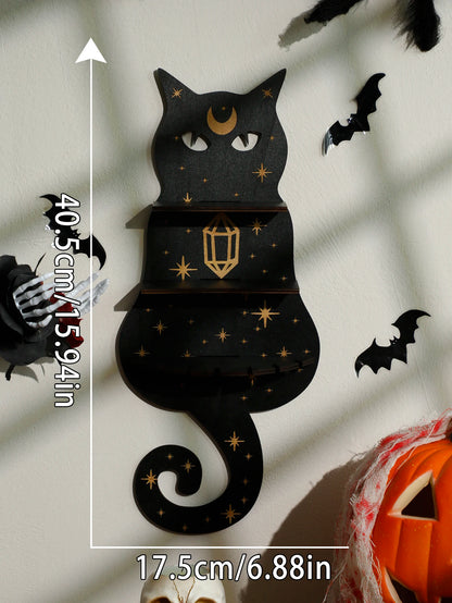 1/2/3-Tier Black Cat Wall Shelf Wooden Moon Phase Floating Wall Shelves Crystal Stone Display Stand Ledge Witchy Room Decoration