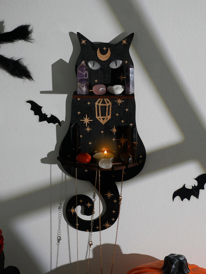 1/2/3-Tier Black Cat Wall Shelf Wooden Moon Phase Floating Wall Shelves Crystal Stone Display Stand Ledge Witchy Room Decoration