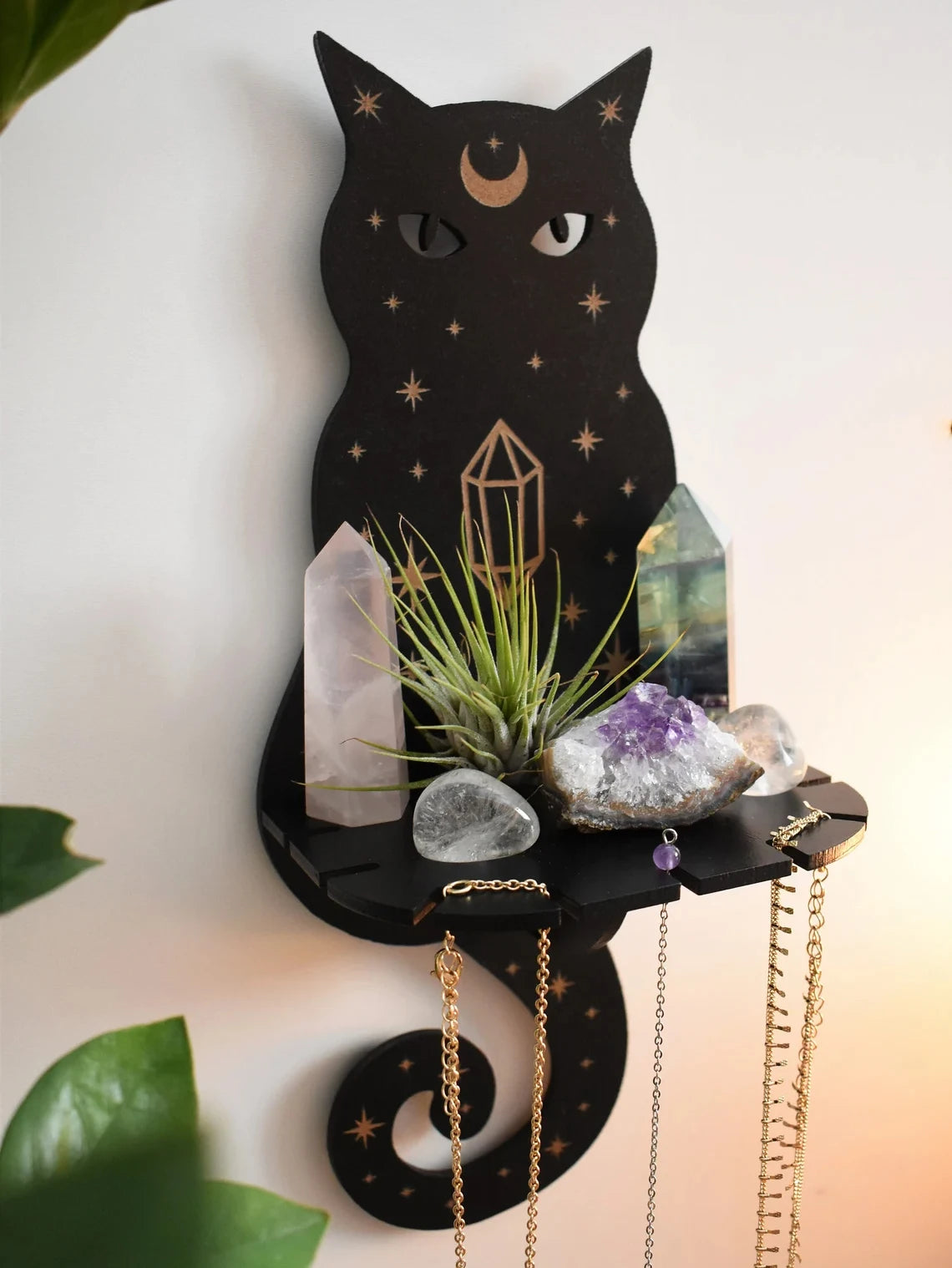 1/2/3-Tier Black Cat Wall Shelf Wooden Moon Phase Floating Wall Shelves Crystal Stone Display Stand Ledge Witchy Room Decoration