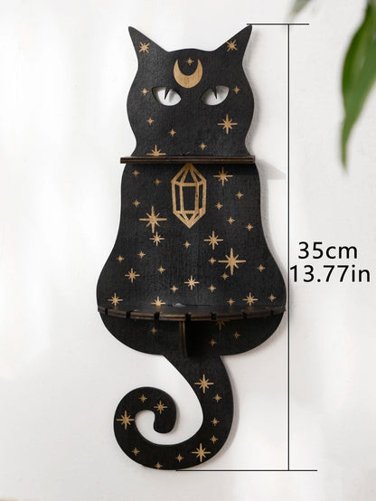 1/2/3-Tier Black Cat Wall Shelf Wooden Moon Phase Floating Wall Shelves Crystal Stone Display Stand Ledge Witchy Room Decoration
